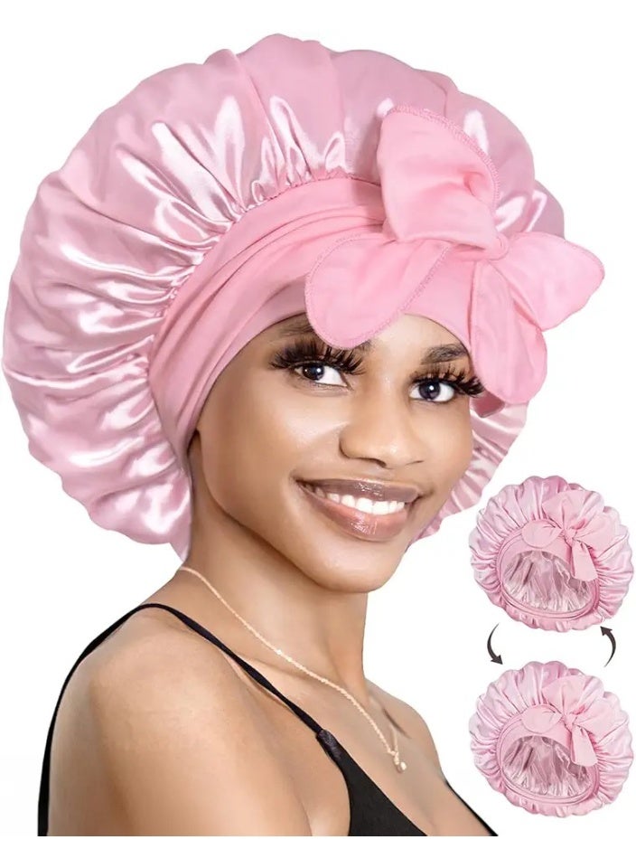 Premium Silk Satin Hair Bonnet with Adjustable Ribbon Tie  Soft Night Sleep Cap for Hair Protection, Frizz Control, and Retaining Moisture Pink bonnet - Image 5